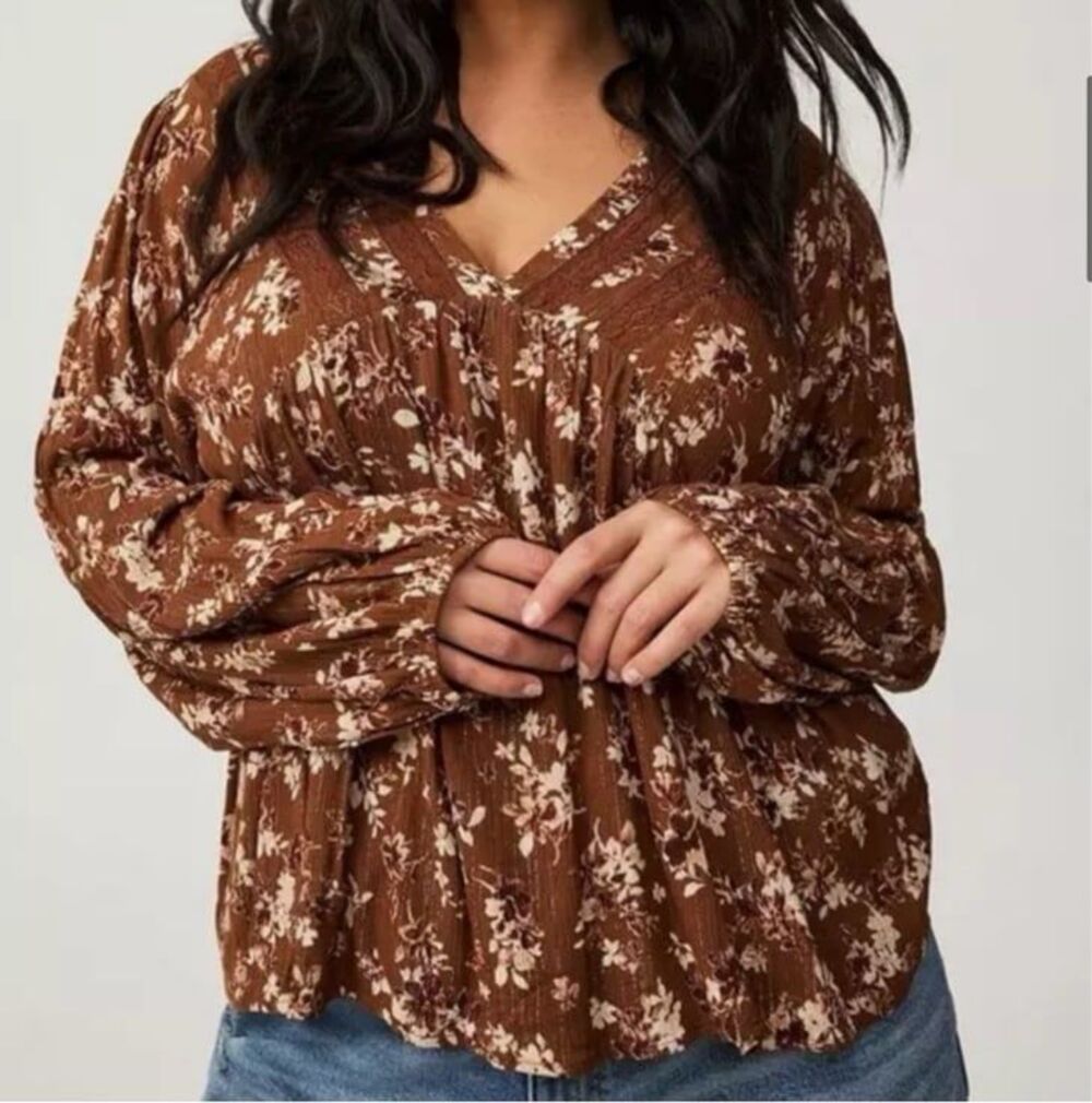 Torrid Brown Floral Blouse | V Neck